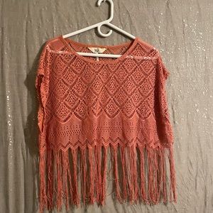 Black poppy pink lace and fringe top